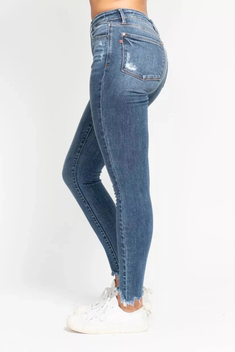 Judy Blue High Waist Skinny Jeans with Destroy & Shark Bit Hem - Demented Sisters