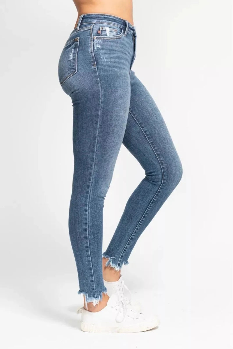 Judy Blue High Waist Skinny Jeans with Destroy & Shark Bit Hem - Demented Sisters