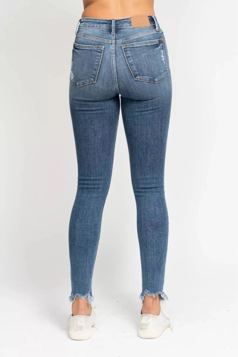 Judy Blue High Waist Skinny Jeans with Destroy & Shark Bit Hem - Demented Sisters