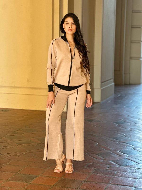 Knit High Waist Pants with Line Contrast Set - Demented Sisters