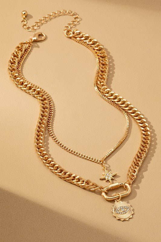 Layered gold chain necklace with eye and star - Demented Sisters