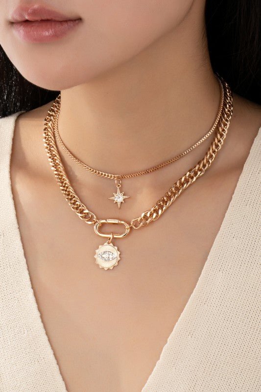 Layered gold chain necklace with eye and star - Demented Sisters