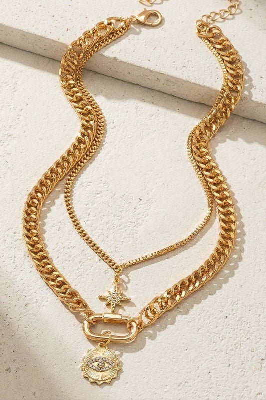 Layered gold chain necklace with eye and star - Demented Sisters