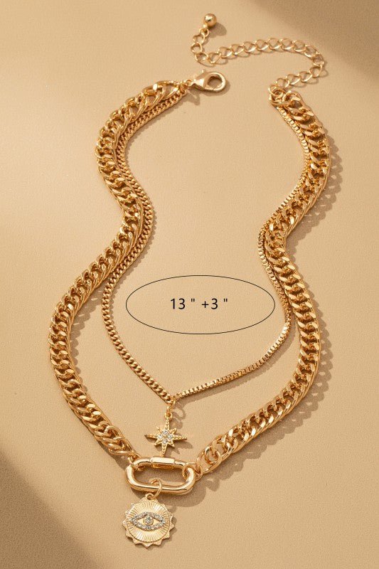 Layered gold chain necklace with eye and star - Demented Sisters