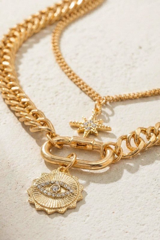 Layered gold chain necklace with eye and star - Demented Sisters