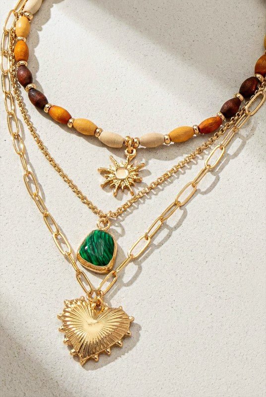 Layered Wood Bead and Charm Necklace - Demented Sisters