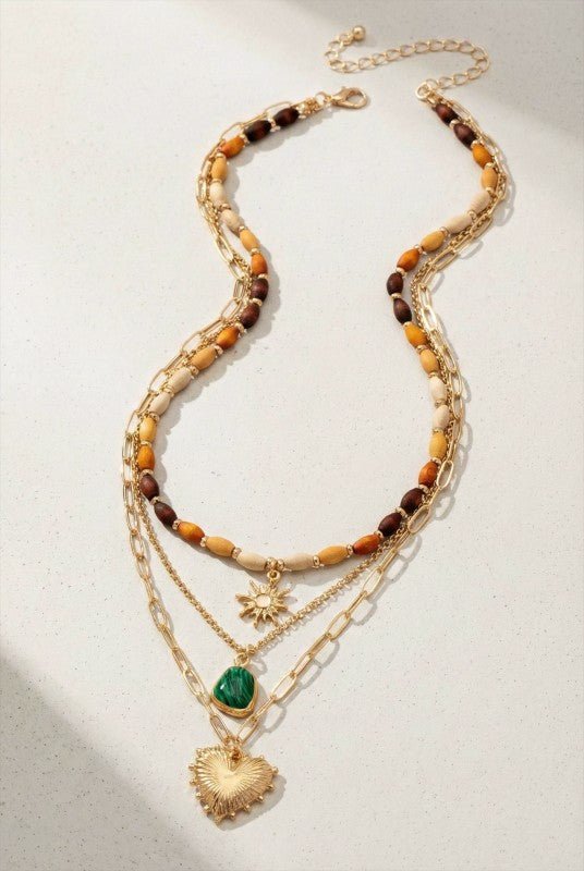 Layered Wood Bead and Charm Necklace - Demented Sisters