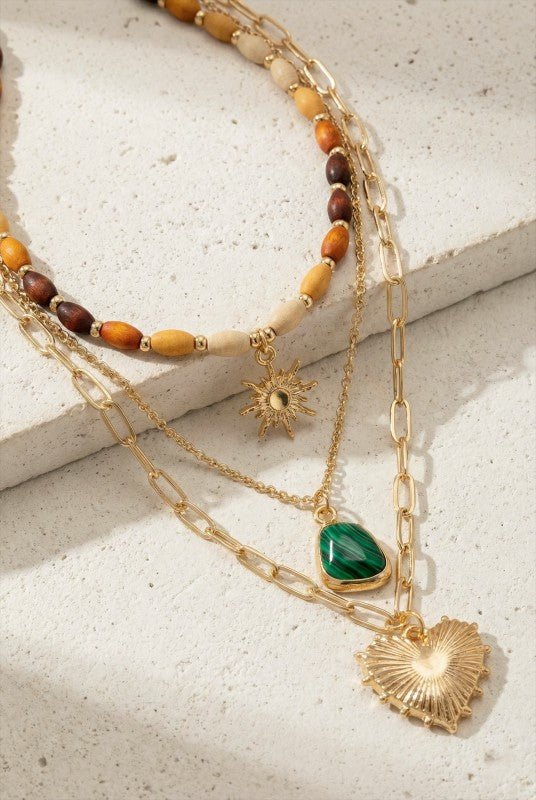 Layered Wood Bead and Charm Necklace - Demented Sisters