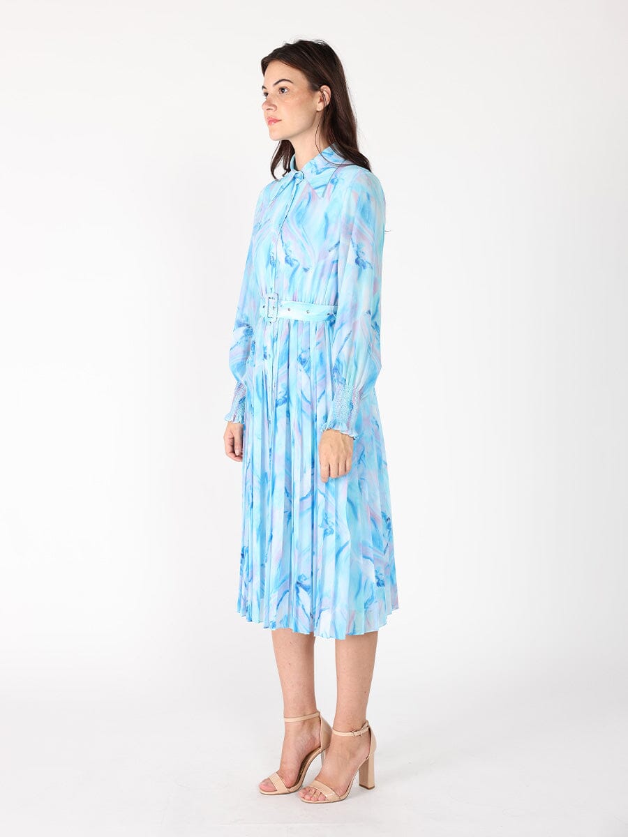 Long Sleeve Belted Smocked Cuffs Print Dress - Demented Sisters