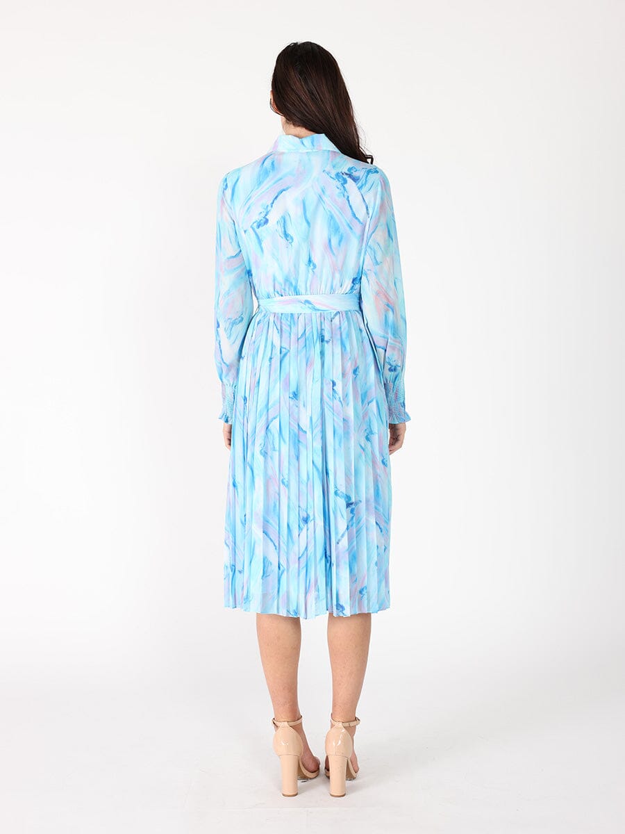 Long Sleeve Belted Smocked Cuffs Print Dress - Demented Sisters