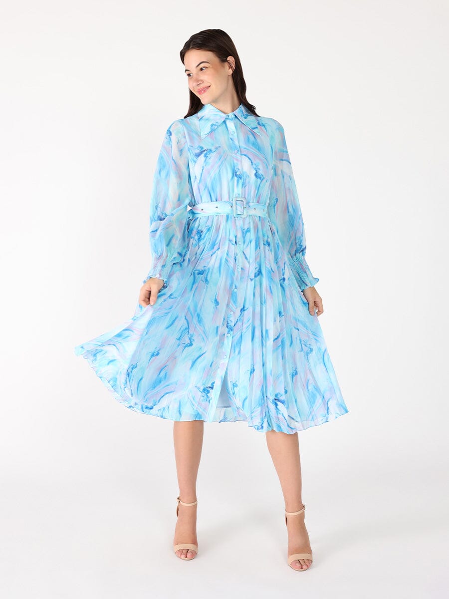 Long Sleeve Belted Smocked Cuffs Print Dress - Demented Sisters