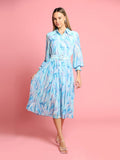 Long Sleeve Belted Smocked Cuffs Print Dress - Demented Sisters