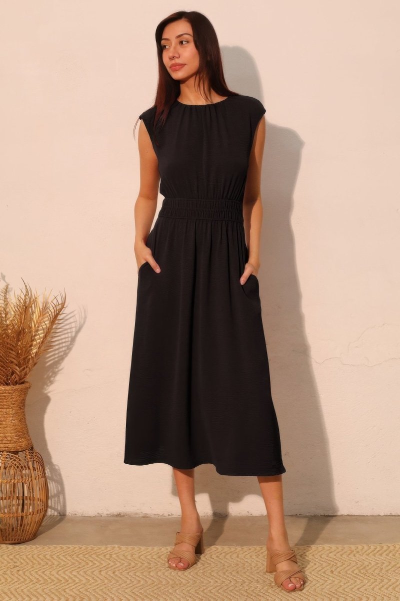Matte Crepe Ruched Elastic Midi Dress - Demented Sisters