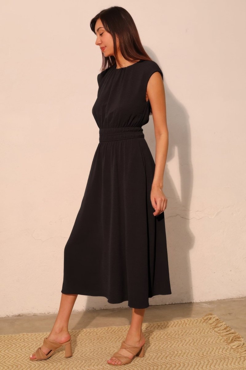 Matte Crepe Ruched Elastic Midi Dress - Demented Sisters