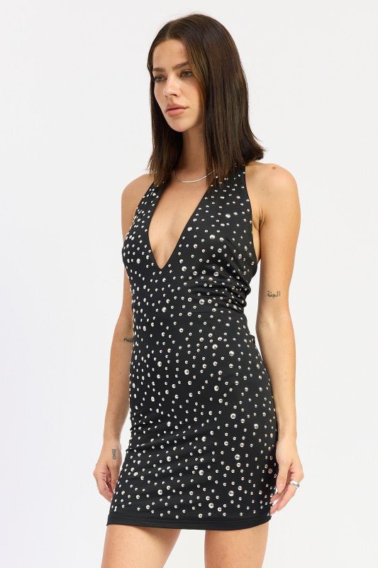 METALLIC HOTFIX HALTER MINI DRESS - Demented Sisters