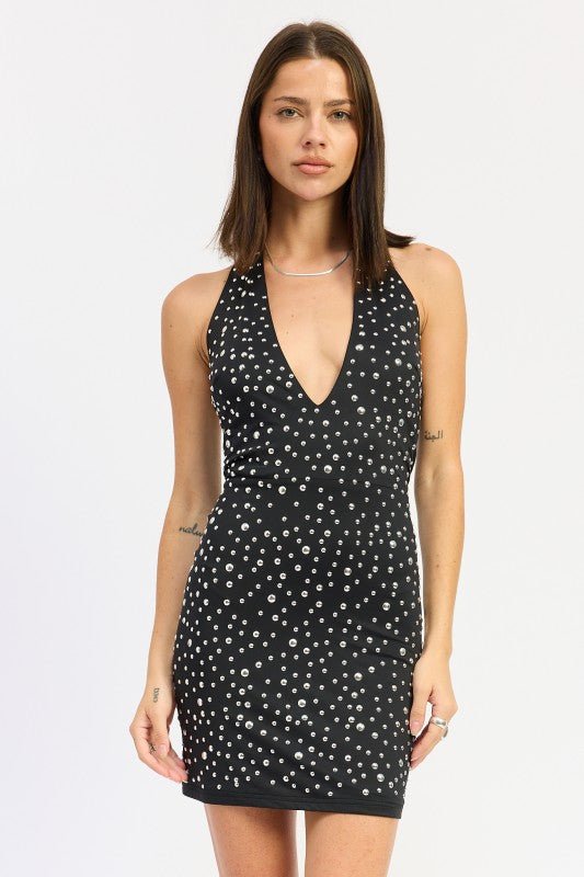 METALLIC HOTFIX HALTER MINI DRESS - Demented Sisters