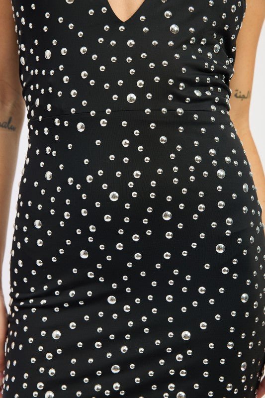 METALLIC HOTFIX HALTER MINI DRESS - Demented Sisters