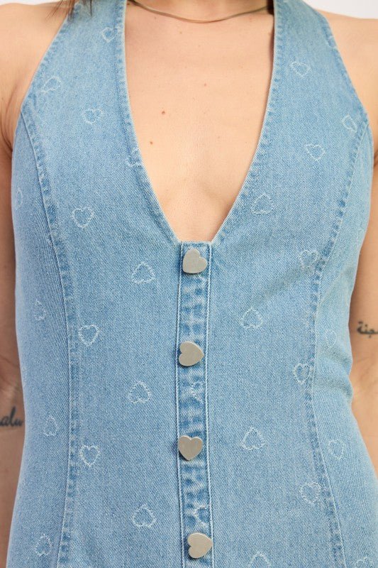 MINI DENIM HALTER DRESS WITH HEART BUTTON ACCENTS - Demented Sisters
