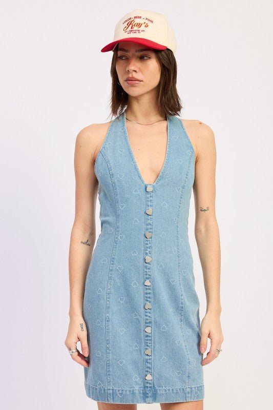MINI DENIM HALTER DRESS WITH HEART BUTTON ACCENTS - Demented Sisters