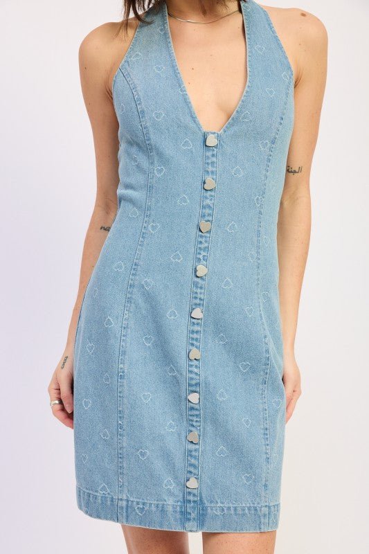 MINI DENIM HALTER DRESS WITH HEART BUTTON ACCENTS - Demented Sisters