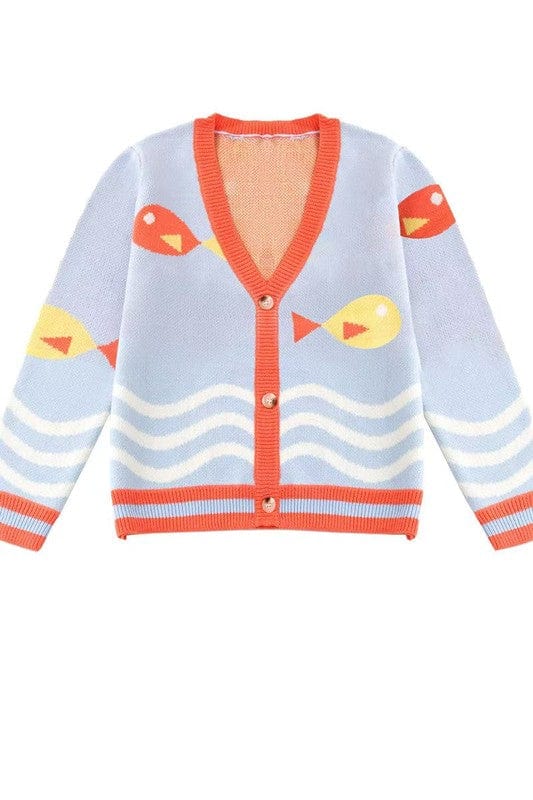 Playful Fish Intarsia Knit Cardigan – Button - Front Sweater with Waves - Demented Sisters