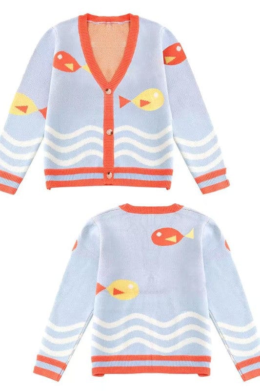 Playful Fish Intarsia Knit Cardigan – Button - Front Sweater with Waves - Demented Sisters