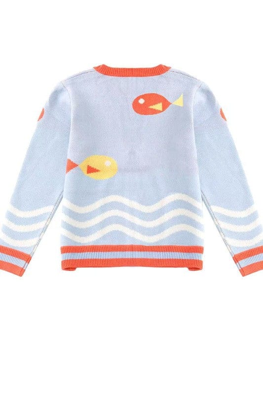 Playful Fish Intarsia Knit Cardigan – Button - Front Sweater with Waves - Demented Sisters
