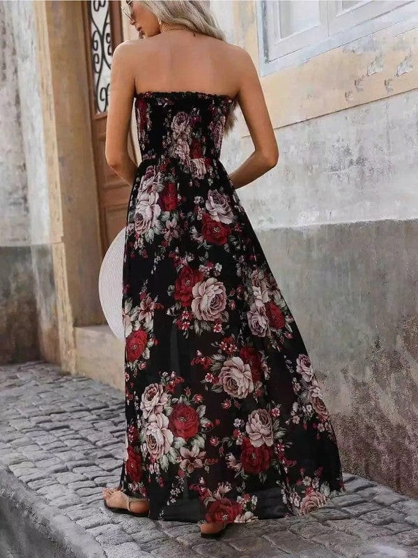 Strapless Floral Maxi Dress – Sheer Overlay with Sweetheart Neckline & High Slit - Demented Sisters
