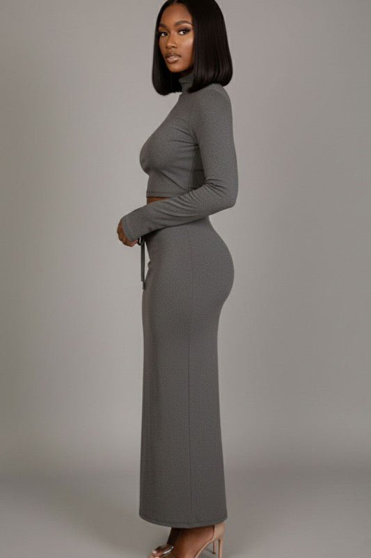 Mock Neck Bell Sleeve Crop Top & Maxi Skirt Set - Demented Sisters