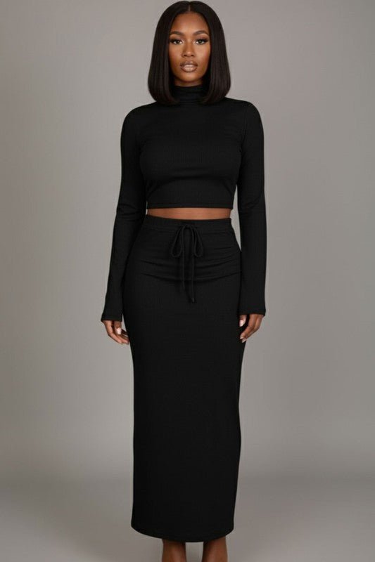 Mock Neck Bell Sleeve Crop Top & Maxi Skirt Set - Demented Sisters