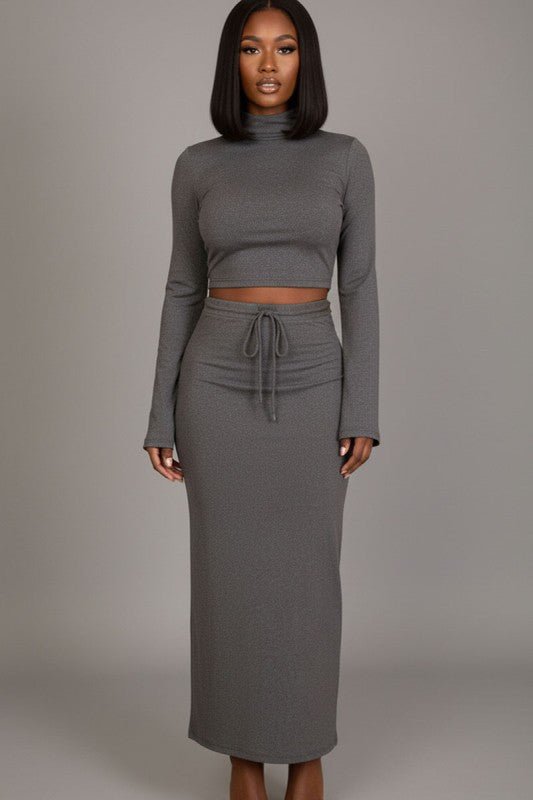 Mock Neck Bell Sleeve Crop Top & Maxi Skirt Set - Demented Sisters