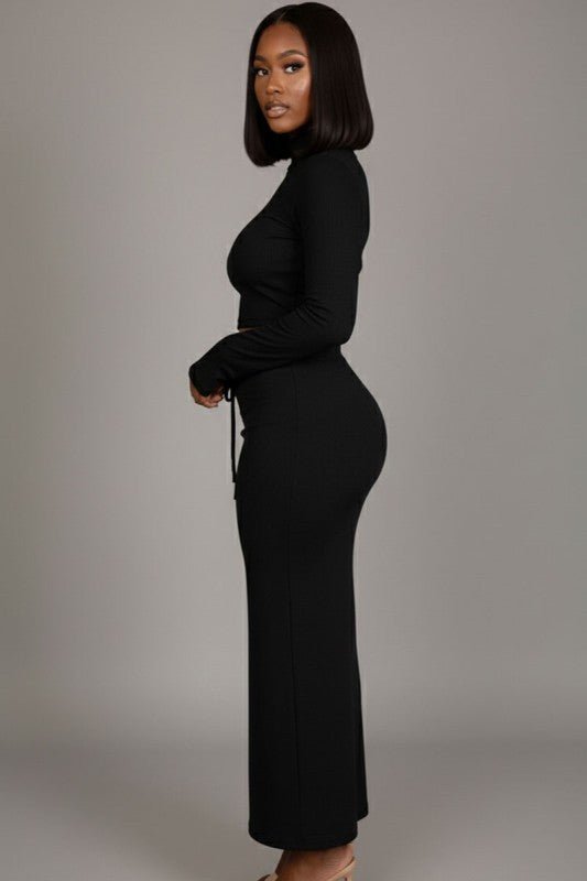 Mock Neck Bell Sleeve Crop Top & Maxi Skirt Set - Demented Sisters