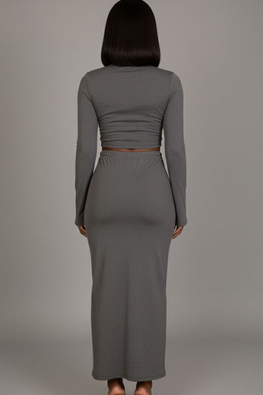 Mock Neck Bell Sleeve Crop Top & Maxi Skirt Set - Demented Sisters