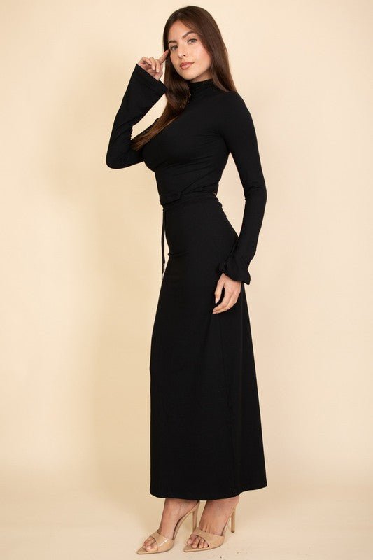 Mock Neck Bell Sleeve Crop Top & Maxi Skirt Set - Demented Sisters