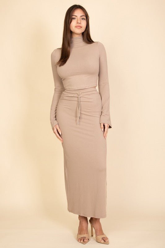 Mock Neck Bell Sleeve Crop Top & Maxi Skirt Set - Demented Sisters