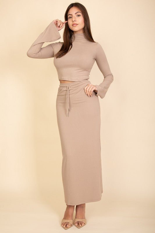 Mock Neck Bell Sleeve Crop Top & Maxi Skirt Set - Demented Sisters