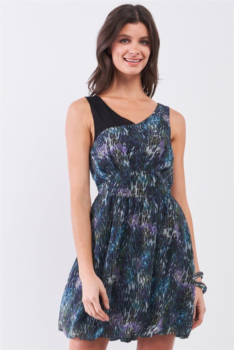 Navy Blue Sleeveless Mesh V-neck Self-tie Waist Stitched Together Bottom Mini Dress - Demented Sisters