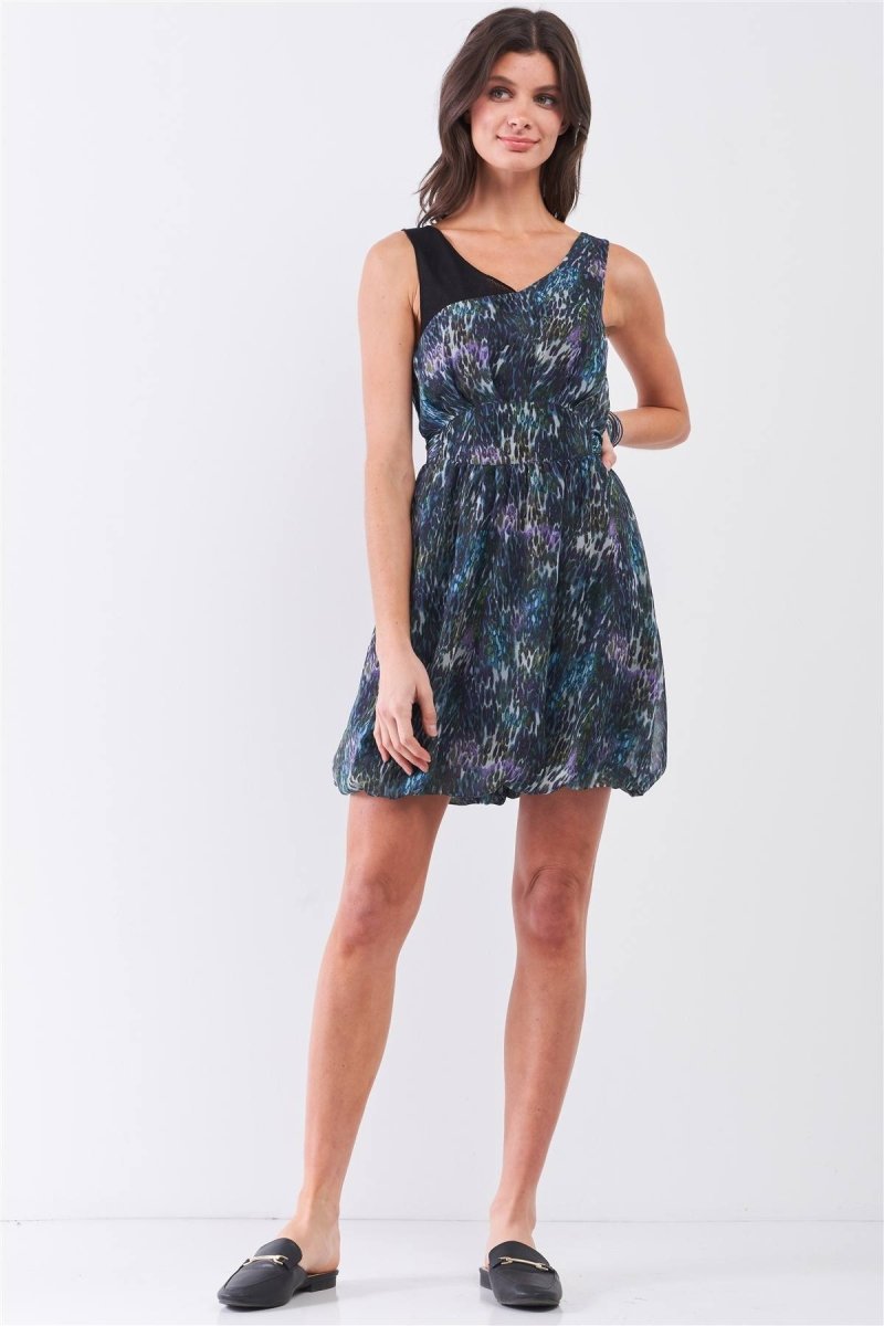 Navy Blue Sleeveless Mesh V-neck Self-tie Waist Stitched Together Bottom Mini Dress - Demented Sisters