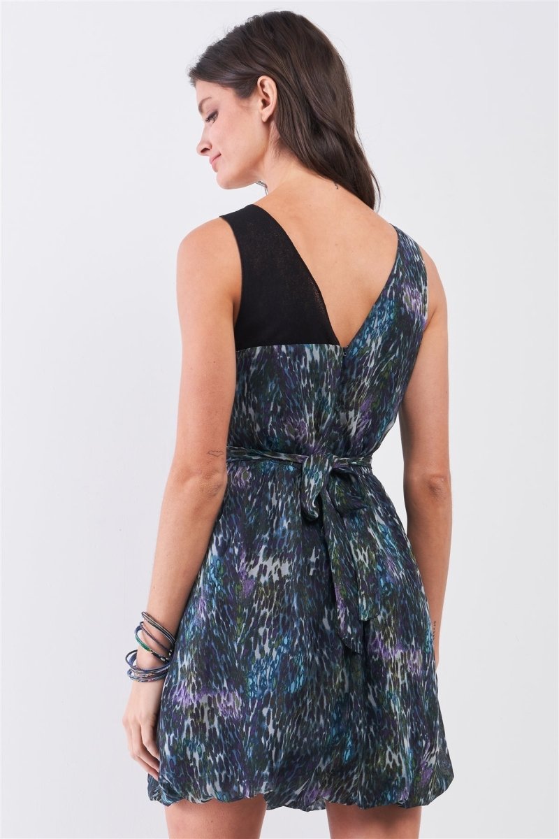 Navy Blue Sleeveless Mesh V-neck Self-tie Waist Stitched Together Bottom Mini Dress - Demented Sisters