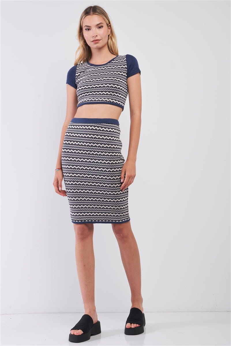 Navy & White Geometrical Pattern Short Sleeve Crop Top & High-waisted Pencil Skirt Two Piece Set - Demented Sisters