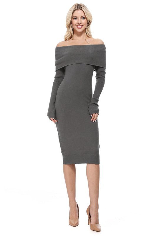 Off Shoulder Long Sleeve Slim Fit Midi Knit Dress - Demented Sisters