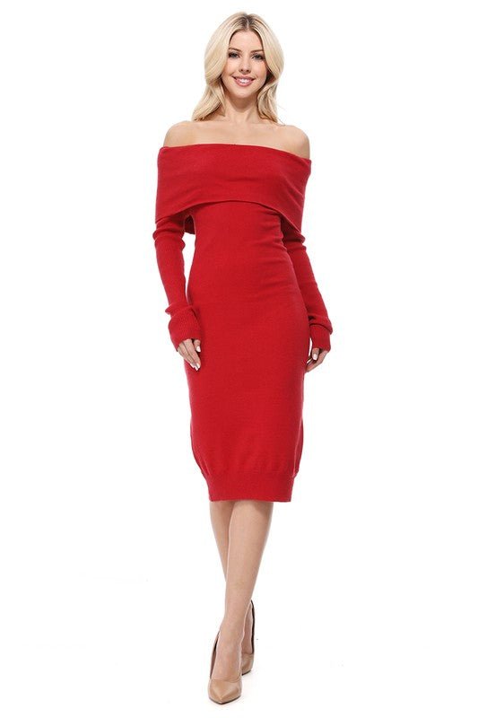 Off Shoulder Long Sleeve Slim Fit Midi Knit Dress - Demented Sisters
