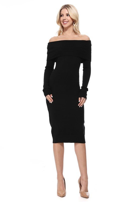 Off Shoulder Long Sleeve Slim Fit Midi Knit Dress - Demented Sisters