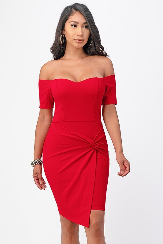 off the shoulder front twist bodycon dress - Demented Sisters