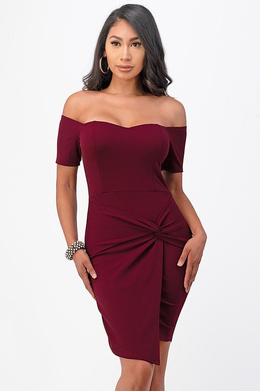 off the shoulder front twist bodycon dress - Demented Sisters