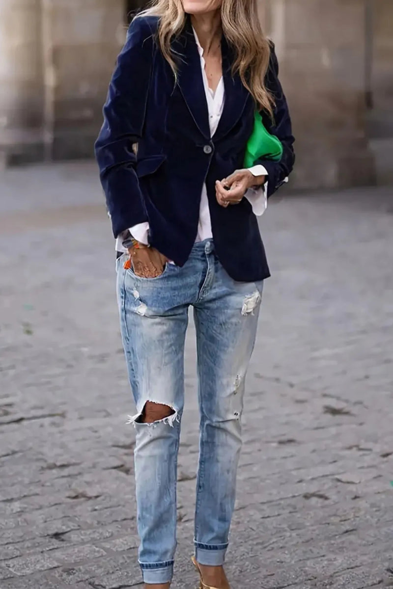 One Button Lapel Collar Long Sleeve Blazer - Demented Sisters