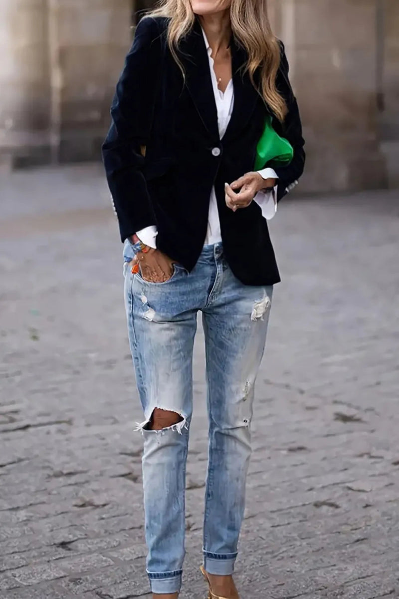 One Button Lapel Collar Long Sleeve Blazer - Demented Sisters