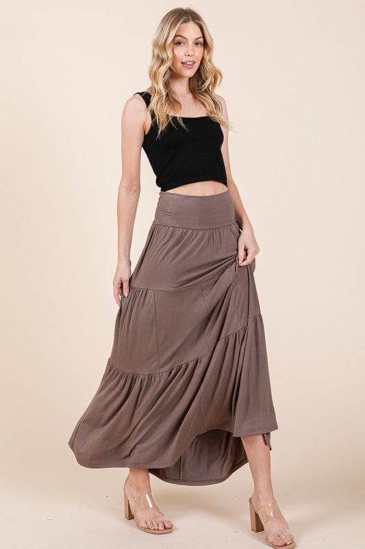 Tiered Ruffle Maxi Skirt with Foldover Waist – Soft Stretch & Movement - Demented Sisters