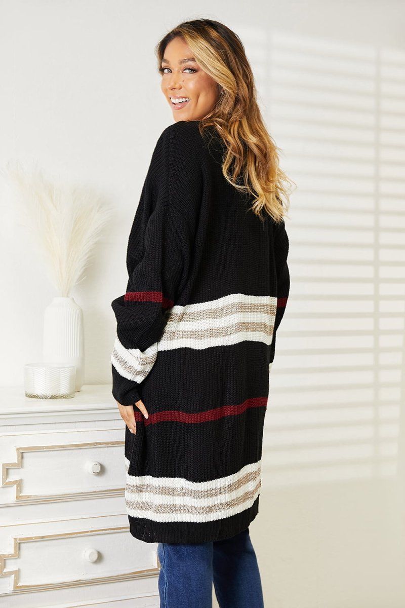 Perfee Striped Rib - Knit Drop Shoulder Open Front Cardigan - Demented Sisters