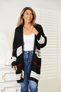 Perfee Striped Rib - Knit Drop Shoulder Open Front Cardigan - Demented Sisters